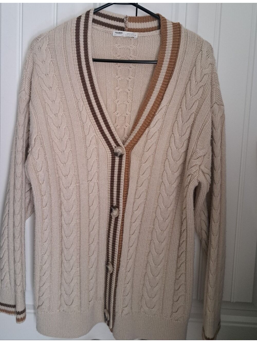Pull&Bear Cream Cable Knit Button Cardigan Brown Stripe Trim Grandpa Dad Sweater